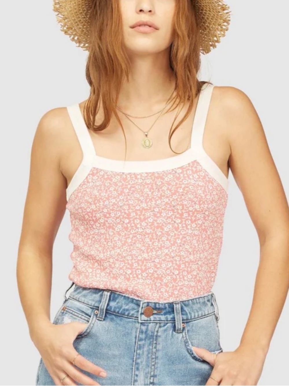 Billabong x Wrangler “The Ringer” Pink Floral Square-Neck Tank Top